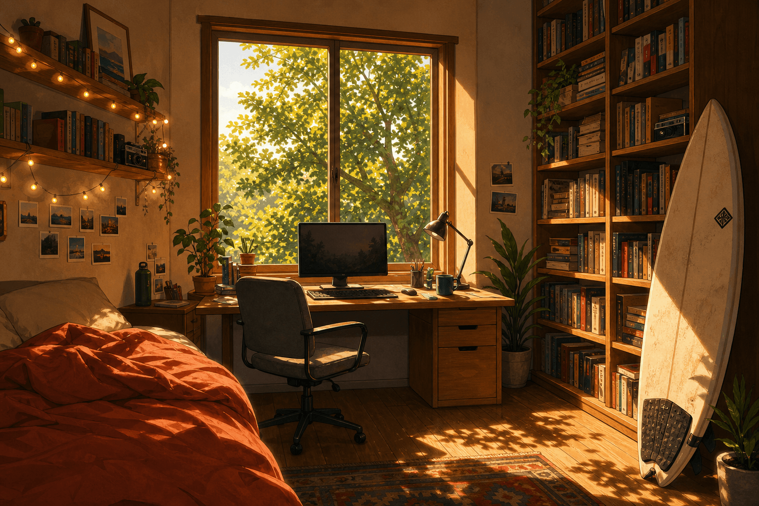 Cozy lo-fi study room with desk, bookshelf, and surfboard at golden hour